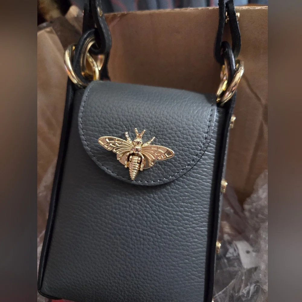 Black Leather Bag with Gold Insect Detail - Picture 3 of 6